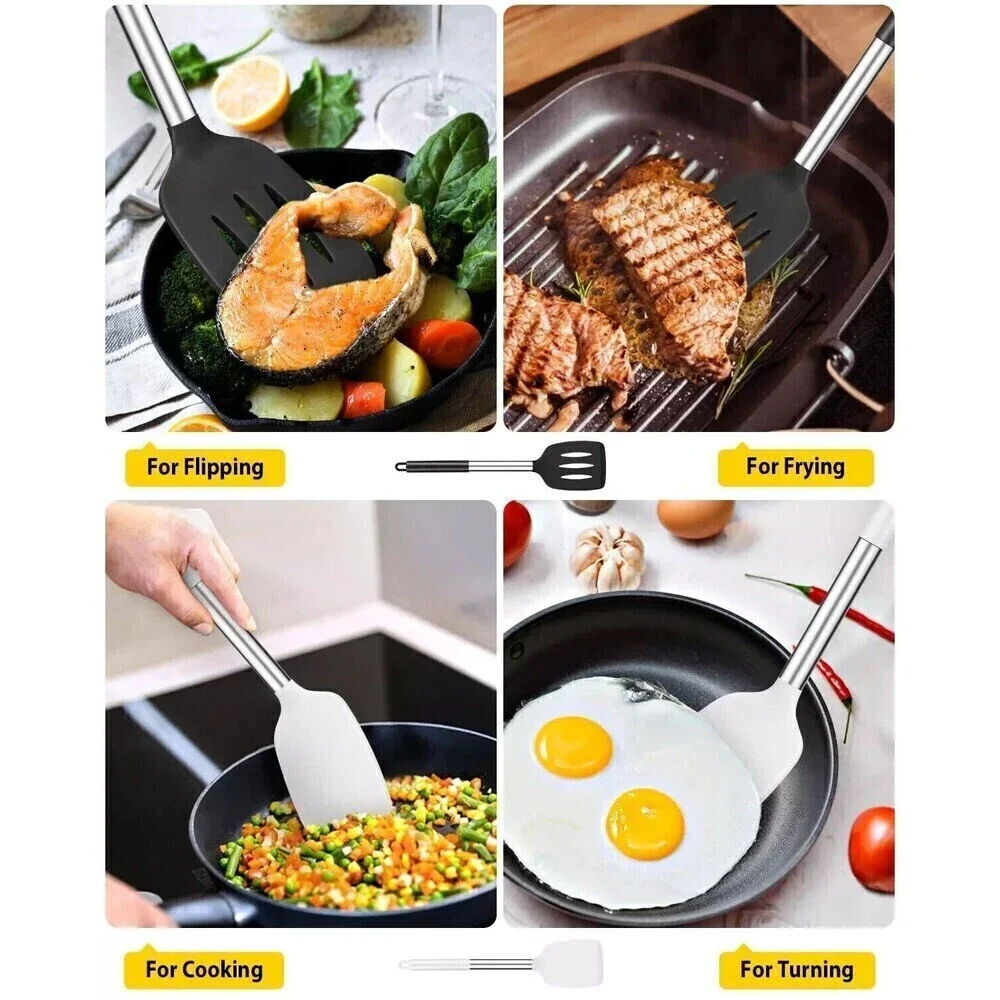 Pack of 2 Silicone Solid Turner,Non Stick Slotted‎ Kitchen Spatulas BundlePro